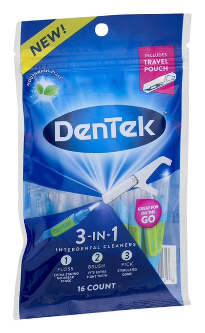 DenTek 3-In-1 Interdental Cleaners | Floss, Brush, Pick, Travel Pouch | 16 Count