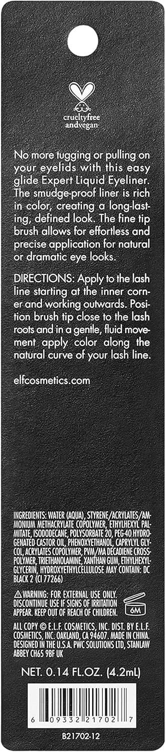 E.l.f. Liquid Eyeliner, High - pigment Liquid Eyeliner With Extra - Fine Brush Tip, Easy Glide Smudge - proof Formula, Jet Black - MeStore - Elf