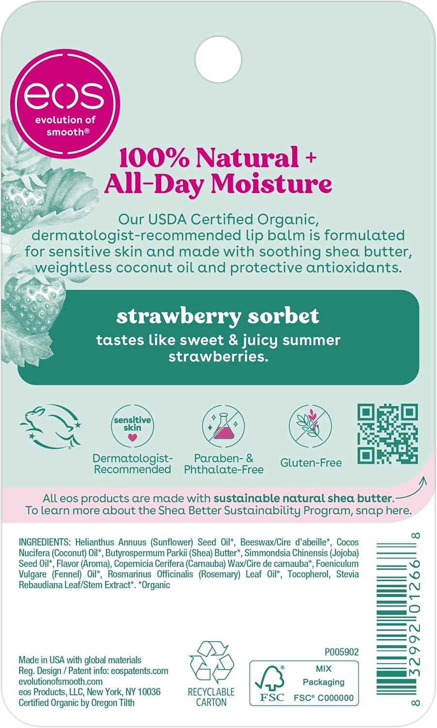 Eos USDA Organic Strawberry Sorbet Lip Balm 2 - Pack 4 g - MeStore - EOS