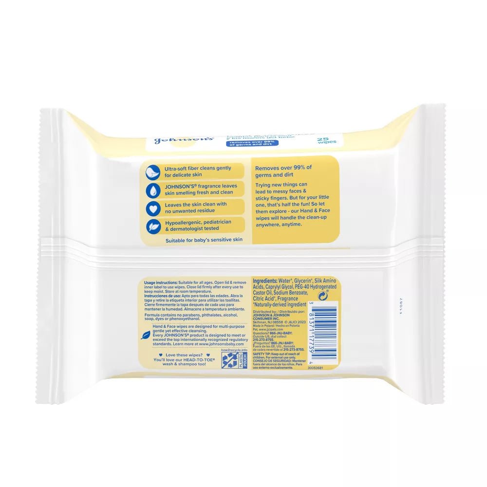 Johnson's Baby Disposable Hand & Face Cleansing Wipes, Pre - Moistened Wipes, Gentle for Delicate Skin - 25ct - MeStore - Johnson's